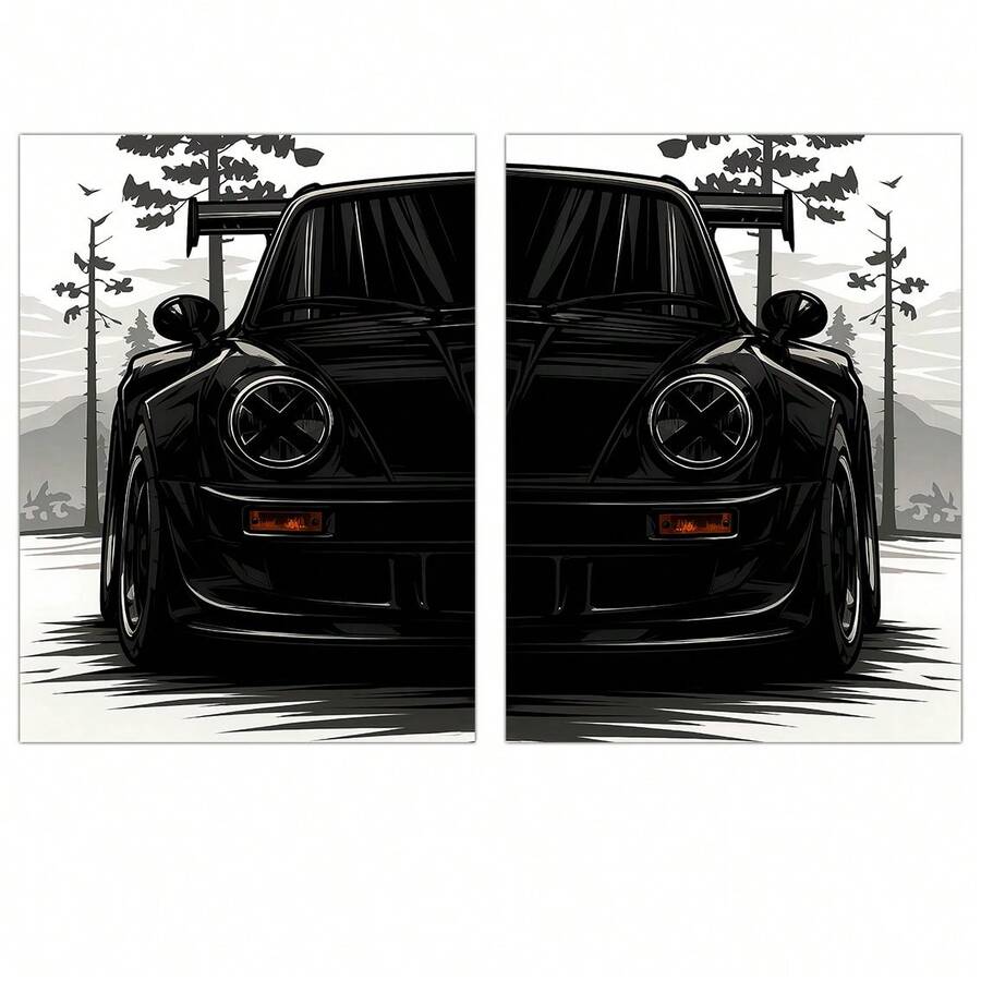 2pcs Modern Black Sports Car Self-Adhesive Wall Stickers, Waterproof Removable Material, Suitable For Living Room, Garage, Game Room And Bedroom Wall Decor, Perfect Holiday Gift For Car Enthusiasts