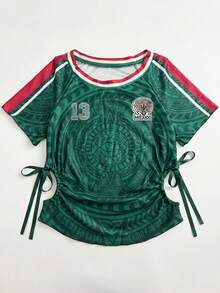 Women's Casual Mexican Style Jersey Round Neck Drawstring Hollow Out Flared Hem Fitted Short T-Shirt, Summer Vacation Top - Green - View 8