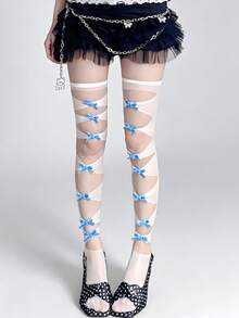 STAR RIVER 1 par de calcetines de red calados con lazo dulce hasta la rodilla, medias sexys Y2K/Goth/Lolita, vuelta al colegio. - Multicolor - Ver 7