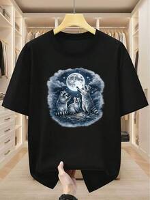 Men's Plus Size T-Shirt 100% Cotton With Print Of Three Raccoons Looking At The Full Moon, Round Neck, Short Sleeve, Comfortable And Casual T-Shirt For Summer. - 黑色 - 查看 1
