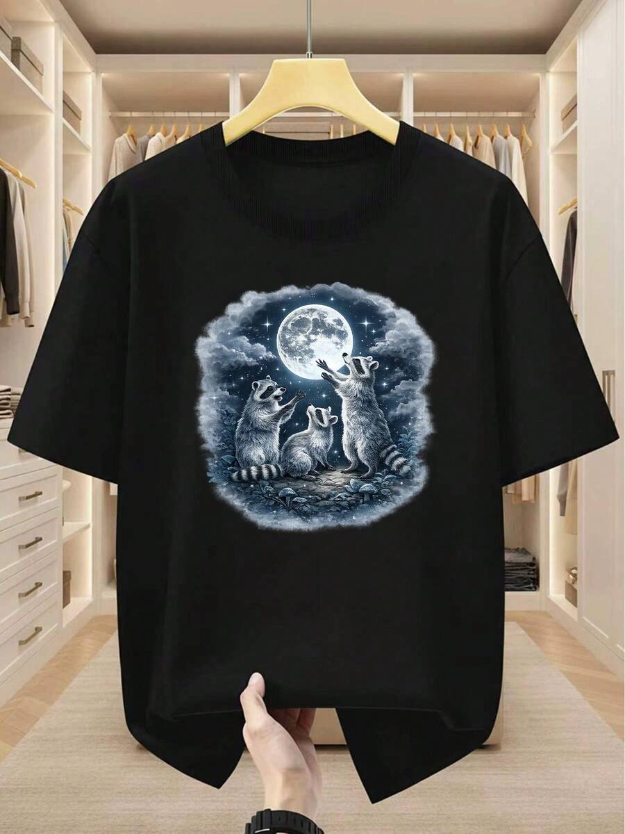 Men's Plus Size T-Shirt 100% Cotton With Print Of Three Raccoons Looking At The Full Moon, Round Neck, Short Sleeve, Comfortable And Casual T-Shirt For Summer. - 黑色 - 查看 1