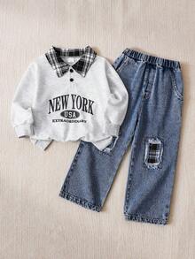 Autumn/Winter Design Contrast Color Plaid Polo Collar Letter Print Pattern Long Sleeve Drop Shoulder Polo Shirt And Distressed Patchwork Plaid Design Elastic Waist Straight Leg Denim Pants Set, Casual Street Style Loose Autumn/Winter Outfit, Suitable For Daily Wear - Light Grey - View 1