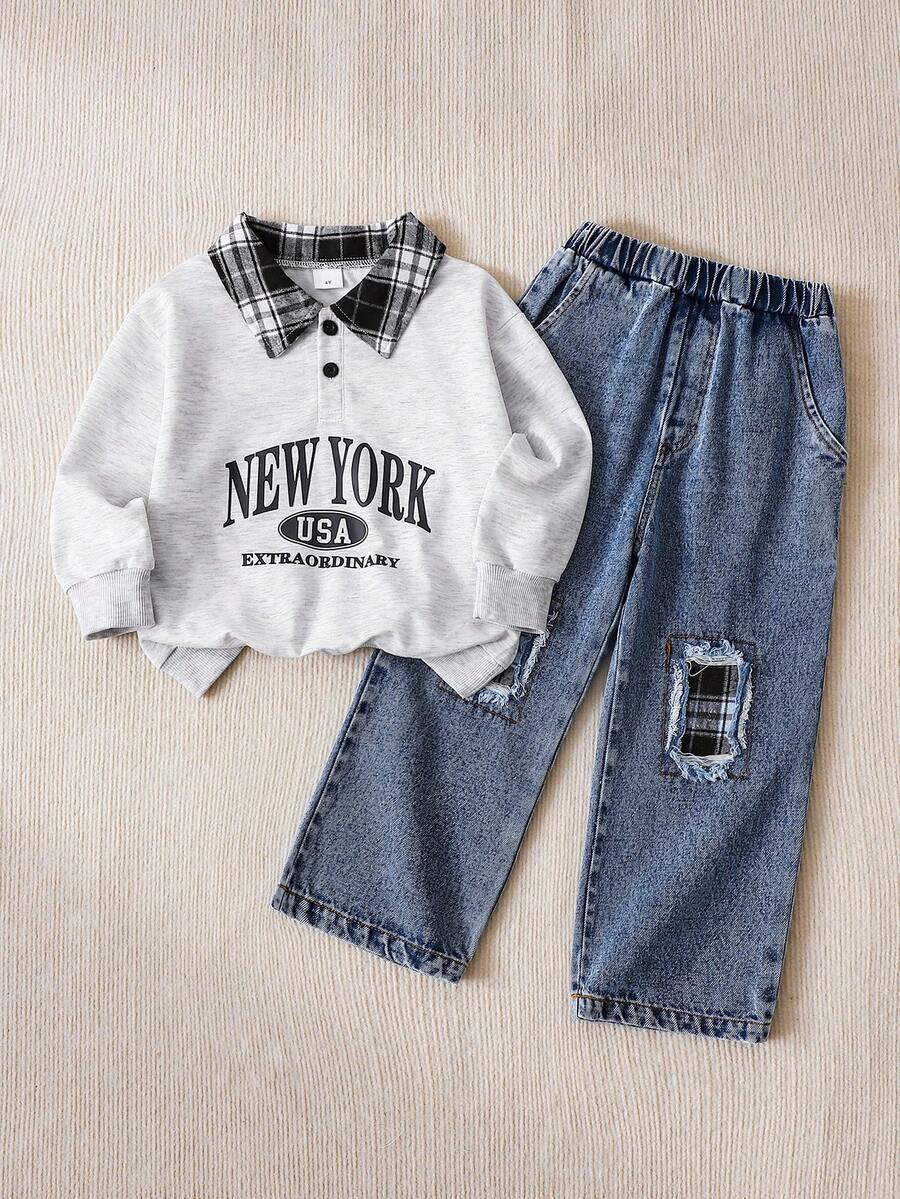 Autumn/Winter Design Contrast Color Plaid Polo Collar Letter Print Pattern Long Sleeve Drop Shoulder Polo Shirt And Distressed Patchwork Plaid Design Elastic Waist Straight Leg Denim Pants Set, Casual Street Style Loose Autumn/Winter Outfit, Suitable For Daily Wear - Light Grey - View 1