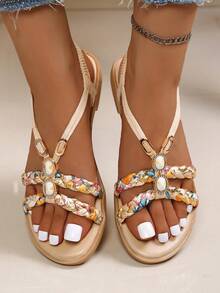 Beaded Flat Solid Color Flat Sandals - Apricot - View 2