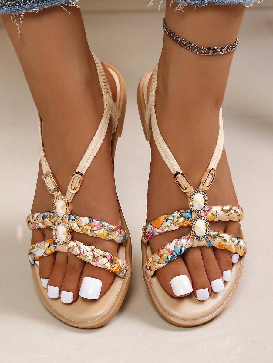 Beaded Flat Solid Color Flat Sandals