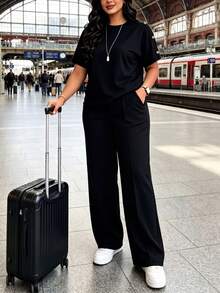 Women's New Round Neck Short Sleeve T-Shirt And Elastic Waist Loose Pants 2-Piece Set, Casual Daily Wear, Spring/Summer Elegant - Black 1 - View 3