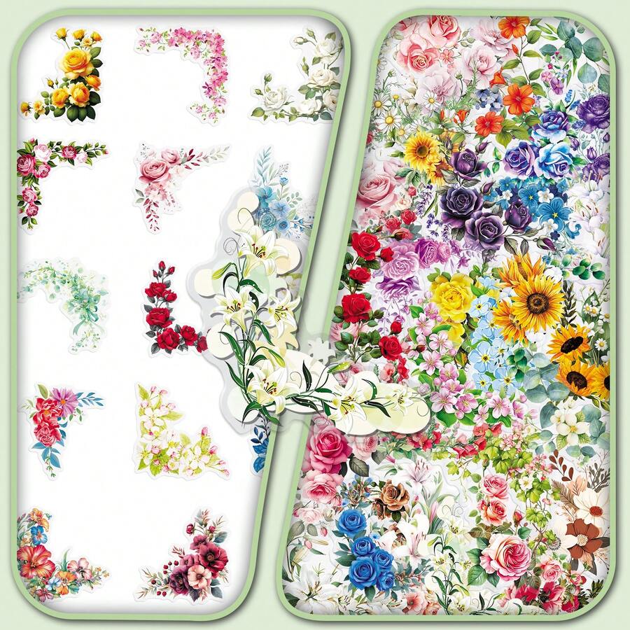 50pcs Floral Border Art Graffiti Fresh Plant Artistic Vintage Decorative Milk Tea Cup Stationery Transparent Stickers - 50 Floral Border Art Images - View 1