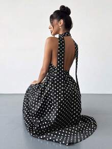 Vestido midi con cuello en V retro, espalda descubierta y cintura con lazo, adecuado para el Día de San Valentín, conciertos, actuaciones, ci - Blanco y Negro - Ver 5