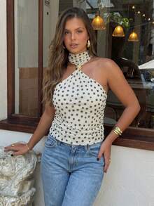 Elegant Women's Summer Outing Vintage Polka Dot Print Metal Buckle Camisole Tank Top Casual Beach Style Apparel White - White - View 2