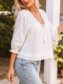 Women Summer Babydoll Blouses Casual Loose Tie-Up Tassel V Neck Bubble 3/4 Sleeve Going Out Tops For Daily Office - White - View 2