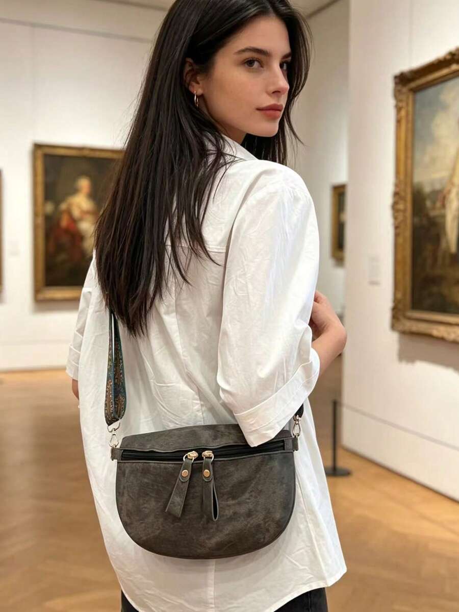 女款黑色腰包斜背包,寬幾何織帶,休閒側背腰包,適合日常與運動 - 黑色 - 查看 1