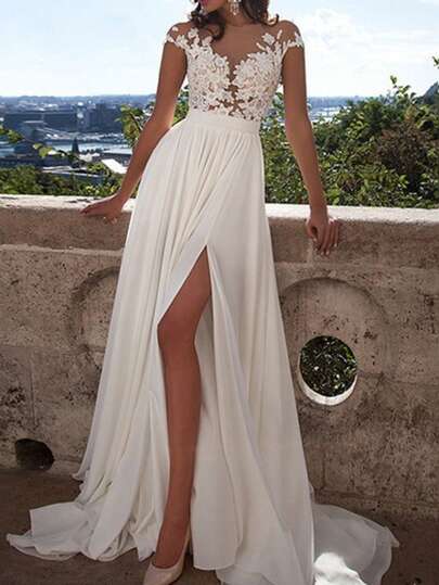 Bohemian Lace Appliqué Off-The-Shoulder Chiffon Slit A-Line Wedding Dress Bridal Gown