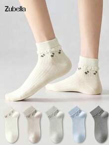 5 Pairs New Women's Short Ankle Socks, Minimalist Fashion Comfortable Forest Style Short Socks, Cute Floral Socks, Suitable For All Seasons - Multicolor - View 3