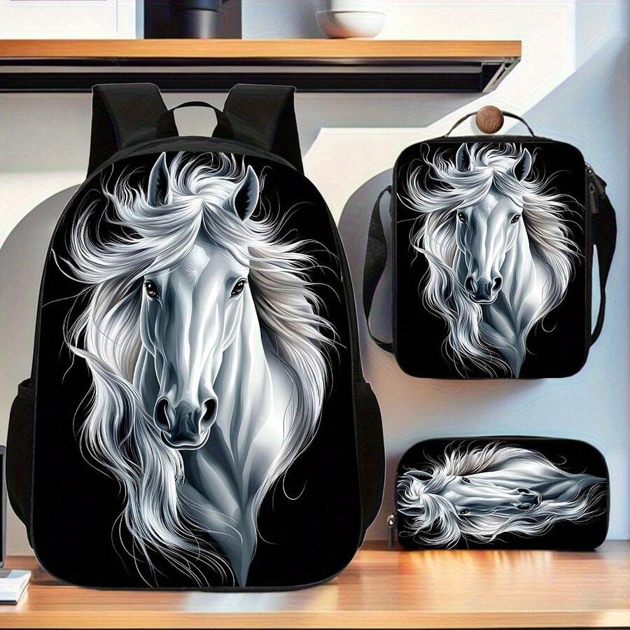 Elegante collezione di 3 pezzi a tema cavallo, composta da uno zaino, una borsa termica e un astuccio con cinghie regolabili, insieme a una spaziosa borsa a mano con cerniera, ideale per la scuola - 3 pezzi - Visualizzare 1