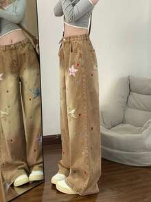 Celana Jeans Wanita Model Longgar Lurus yang Melangsingkan dengan Motif Bintang (Warna dan Posisi Motif Acak) Kasual Musim Gugur - Mocha Brown - View 8