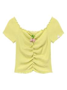 CHUU Women's Ruched Slim Fit T-Shirt, Spring 3D Cherry Sweet Youthful Chic Versatile Top - Yellow - View 6