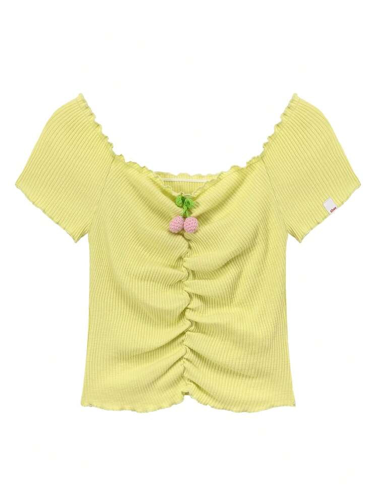CHUU 女款抓皺修身 T-shirt，春季 3D 櫻桃甜美青春時尚百搭上衣 - 黃色 - 查看 6