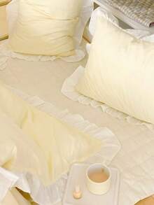 Yellow Creamy Girl Style Ruffle Edge Skin-Friendly Brushed Duvet Cover Set 3pcs (1*Duvet Cover+2*Pillowcases), Suitable For Bedroom, Guest Room, All Seasons, Machine Washable - Yellow - View 10