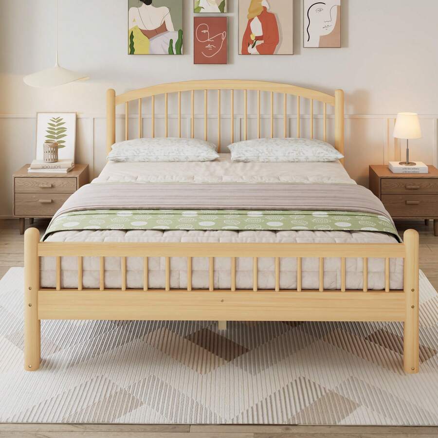 Letto in legno massello, design semplice e minimalista, testiera classica a doghe, robusta base a doghe, letto singolo universale, colore naturale, 140 x 200 cm. - Beige + Colori naturali - Visualizzare 1