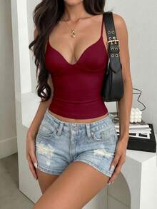 Áo hai dây định hình nữ màu trơn phong cách thường ngày đi du lịch - Màu Đỏ Sâu - Xem 2