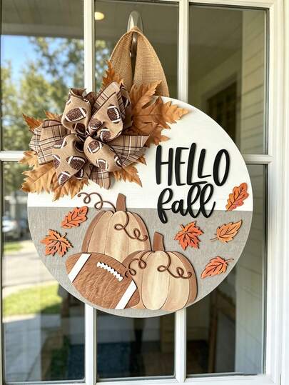 Autumn Wreath, Autumn Door Hanging Decor, Football And Pumpkin Sign, Football Door Hanging Decor, Pumpkin Sign, Autumn Pumpkin Sign, Hello Fall Sign - Perfect For Front Door Decor, Wall Decor, Yard Decor, Autumn Decor And Holiday