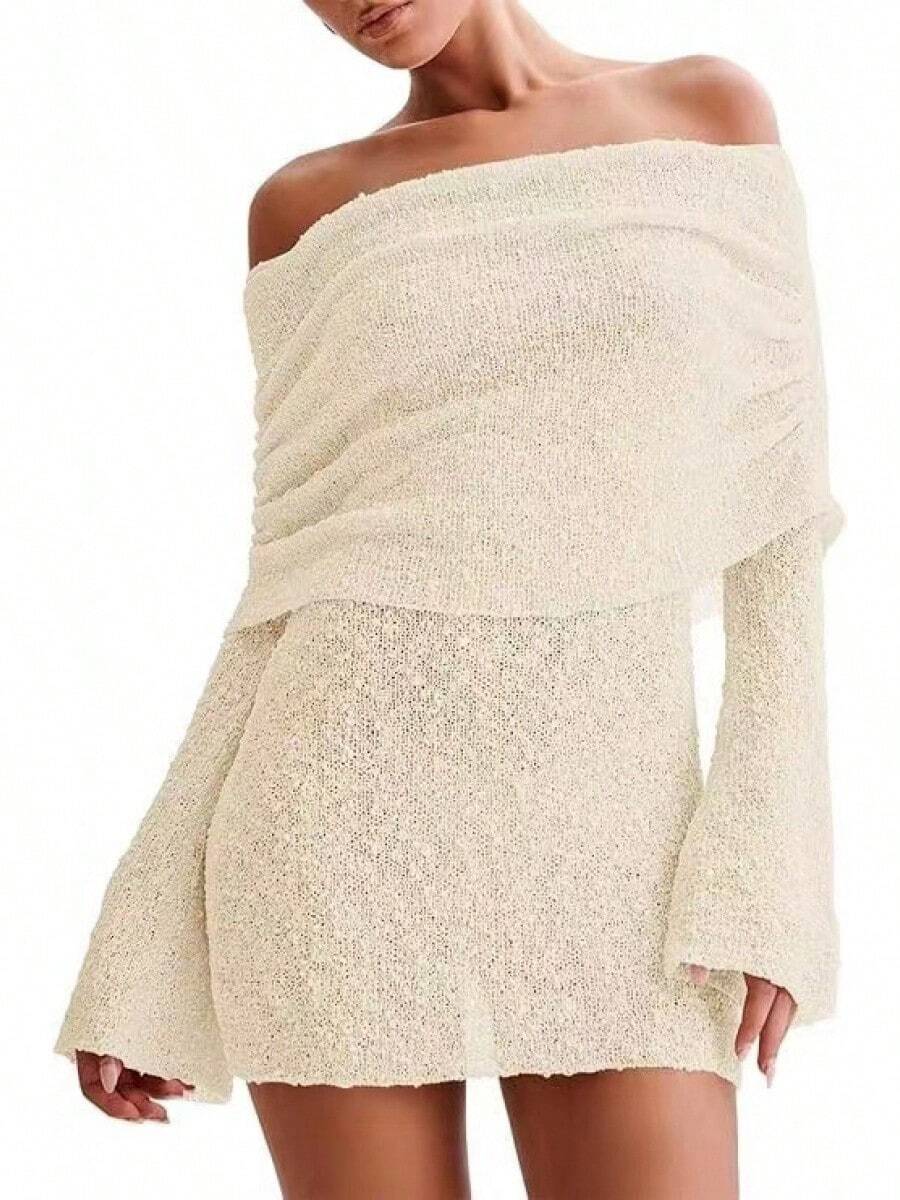 Vestido Mini Tejido Texturizado Azul Claro Sin Hombros, Banda Doblada con Fruncidos, Manga Larga Campana, Corte Ajustado para Citas y Fiestas Nocturnas - Albaricoque - Ver 1