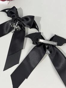 2件組女款蕾絲緞帶深色哥德風飛龍髮飾髮夾，適合節日裝扮與哥德愛好者日常配戴，髮抓夾 - 黑色 - 查看 3