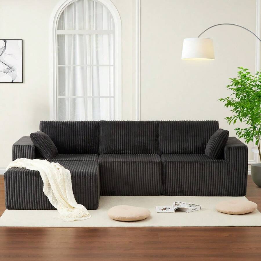 Modular Memory Foam Sectional Sofa For Living Room – Deep Seat Corduroy Couch, Boneless Design, No Assembly Needed, Spacious Multi-Person Furniture - Grey - View 1