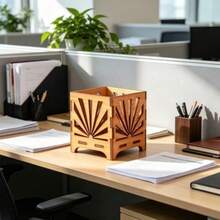 Square Divided Solid Wood Pen Holder, Geometric Hollow Window Design, Office Desk Stationery Storage Decor - Multicolor - View 6
