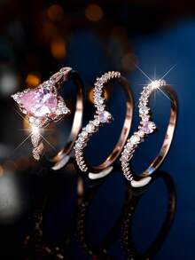 Juego de 3 anillos con circonita cúbica en forma de pera, juego de anillos apilables para mujer, anillos de boda, anillos de compromiso - Oro rosa + rosa - Ver 8