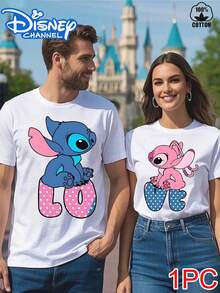 Cute "Lilo & Stitch" Couple's Short-Sleeve T-Shirt: Red "LOVE" Letter Print Versatile Casual T-Shirt,Family Matching Outfit,Disney Couple Outfits - 白色1 - 查看 1