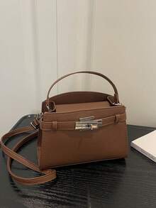 1pc Brown New Strap Decor Solid Color PU Small Square Handbag For Women - Brown - View 3