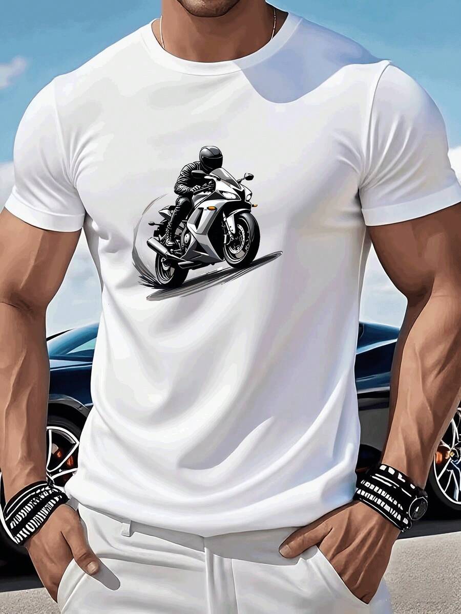 Haut Homme Men's Quick-Drying Short-Sleeve T-Shirt With Motorcycle Print, Breathable Sports And Leisure Top For Motorcycle Enthusiasts - White - View 1