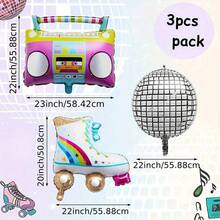 3pcs 80s Retro Radio Roller Skate Disco Ball Foil Balloons, Nostalgic Hip Hop Birthday Party Decorations Photo Props - Multicolor - View 5