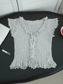 Sommer Neu Koreanischer Stil Soft Girl V-Ausschnitt Rüschen Rippstrick Top - Damen Slim Fit Crop Kurzarm Shirt - Grau - Übersicht 6