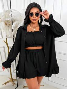 AIJ Plus Size Women's Casual Set, Ruffle Hem Button Front Shirt Collar Top Elegant Summer Black - Black - View 1