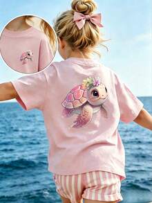 Cute Sea Turtle Print Short Sleeve T-Shirt For Teenage Girls, Casual - Pink - View 1