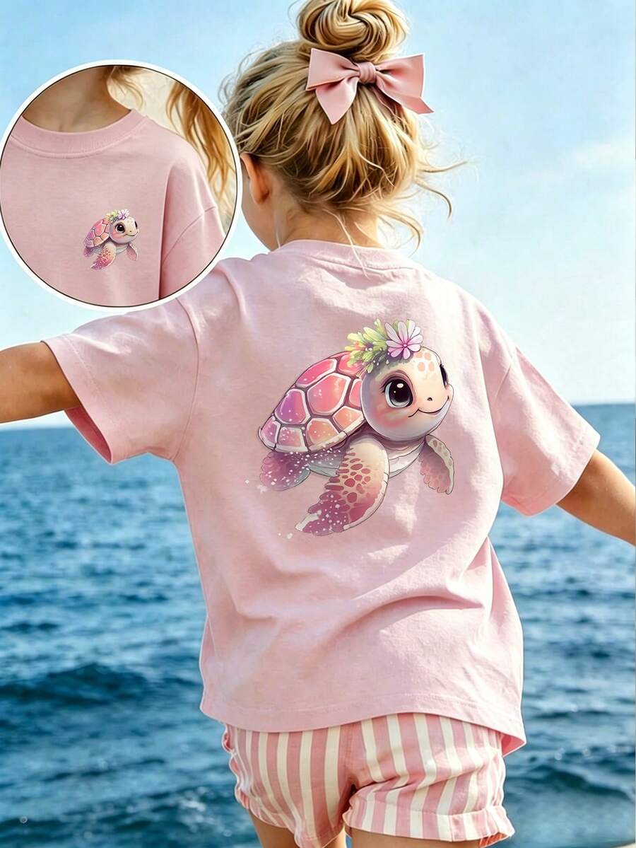 Cute Sea Turtle Print Short Sleeve T-Shirt For Teenage Girls, Casual - Pink - View 1