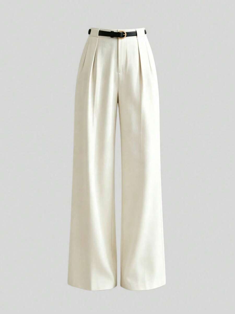 Elegant Solid-Color Mid-Rise Straight-Leg Trousers With Belt For Spring - Cream - View 1