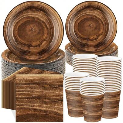 250 Pieces Rustic Wood Grain Party Tableware Set - Disposable Paper Plates, Cups & Napkins For 50 Guests - LFUmberssjack, Farmhouse, Camping, Forest Theme Birthday Decorations(Brown)