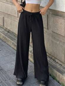 Women's Minimalist Solid Color Wide Leg Pants, Adjustable Elastic Drawstring Waist With Pockets, Suitable For Commuting, Daily Wear, Dating, Casual Outings - Black - View 1