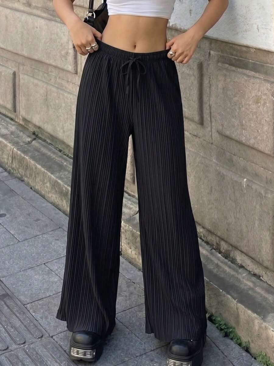 Women's Minimalist Solid Color Wide Leg Pants, Adjustable Elastic Drawstring Waist With Pockets, Suitable For Commuting, Daily Wear, Dating, Casual Outings - Black - View 1