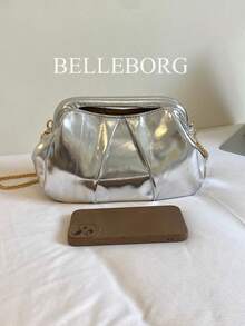 Fashionable Patent Leather Silver Elegant Metal Chain Texture Women's Handbag With Clasp Closure - Silver - View 8