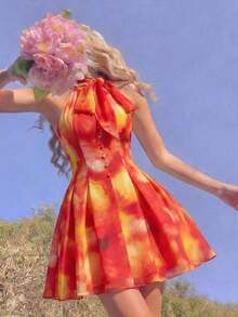 YijiaNvz  MOD Vestido corto de verano para mujer con cintura ceñida y cuello con efecto tie-dye - Naranja - Ver 4