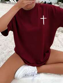 Women's Minimalist Casual T-Shirt With Double-Sided Inspirational Bible Message Graphic, Versatile Top To Pair With White Shorts And Lightweight Trousers - 酒紅色 - 查看 2