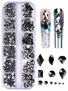 12-Grid 3D Flat Back Black Glass Rhinestones, Mixed Color Shape & Size Crystal Gemstones, DIY Nail Art & Handmade Jewelry Decoration Rhinestones, Essential Craft Accessories For Women & Girls Nail Charms - Black - View 4
