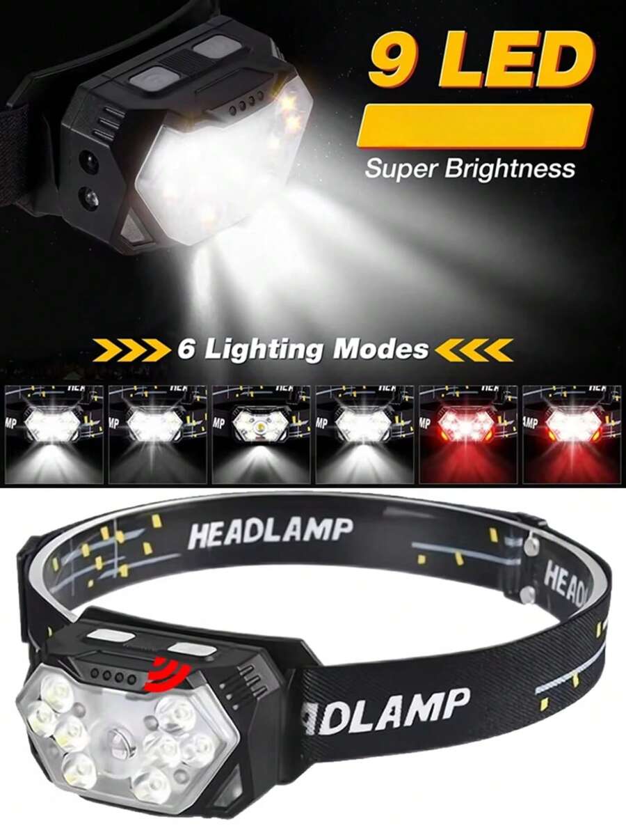 1件 USB充電式頭燈,COB與9顆XT LED超亮寬光束頭燈,附紅色警示燈,適合露營、釣魚、徒步、跑步 - 頭燈 - 查看 1