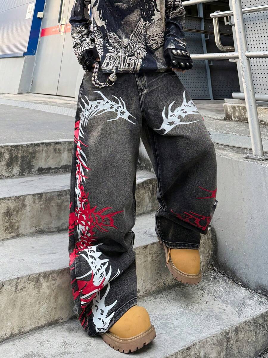 Infinite Jeans 1 pieza Estilo Callejero Americano Retro Pantalones Vaqueros Estampados para Hombre Pantalones Sueltos Cómodos de Pierna Ancha Pantalones Vaqueros Largos Versátiles para Todas las Estaciones (El Producto No Incluye Cinturón y Accesorios) - Negro - Ver 1