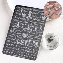 哥德式美甲模板－黑色字母、骷髏與蝴蝶不鏽鋼模板，可重複使用 DIY 美甲模板，Y2K 暗黑美學美甲裝飾工具 - 彩色 - 查看 7