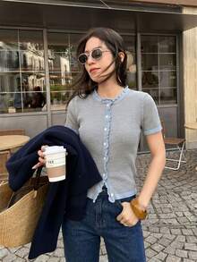 French Style Wood-Look Trim Contrast Color Knit Short Sleeve Cardigan Women's Summer New Slim Fit Cropped Top Gentle Elegant Slimming Blouse - Grey - View 3